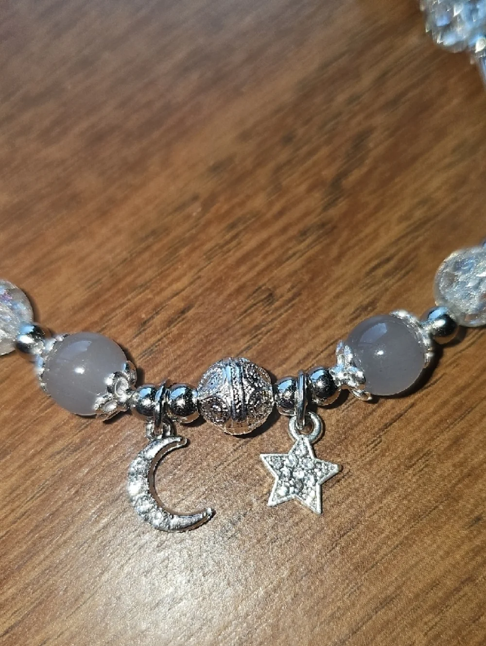 New Silver Tone Rhinestone Moon & Star Charms Beaded Bracelet